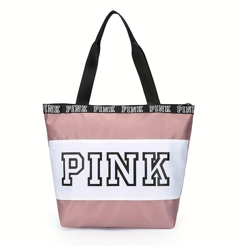 レディース ビーチトートバッグ ピンク カラーブロック ショルダーバッグ カジュアル トラベル ラゲッジバッグ