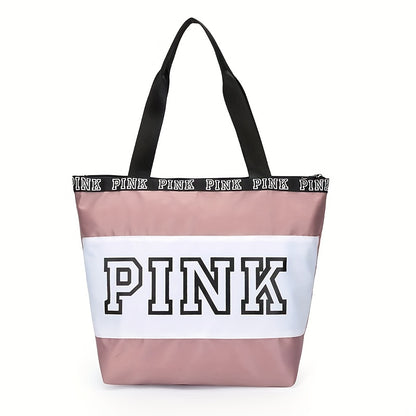 レディース ビーチトートバッグ ピンク カラーブロック ショルダーバッグ カジュアル トラベル ラゲッジバッグ