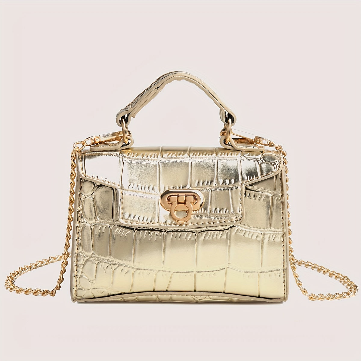 クロコ型押し ショルダーバッグ 無地 チェーンストラップ クロスボディ バックル装飾 トップハンドル レディースバッグ