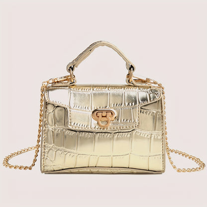 クロコ型押し ショルダーバッグ 無地 チェーンストラップ クロスボディ バックル装飾 トップハンドル レディースバッグ