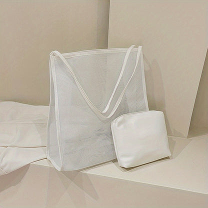 大容量 メッシュ ビーチバッグ 折りたたみ トラベル収納バッグ インナーポーチ付き ポータブルショルダー