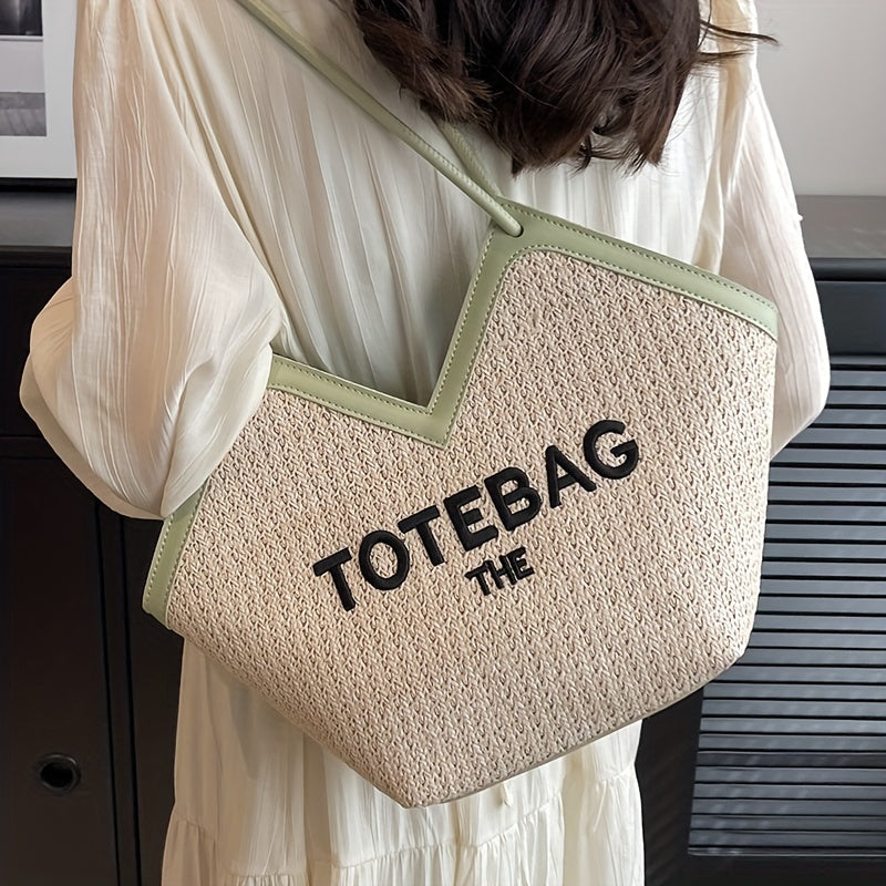 トレンド 編み込み トートバッグ レター柄 ストローショルダーバッグ ショッピング・ビーチに使える レディースバッグ
