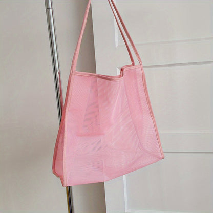 大容量 メッシュ ビーチバッグ 折りたたみ トラベル収納バッグ インナーポーチ付き ポータブルショルダー