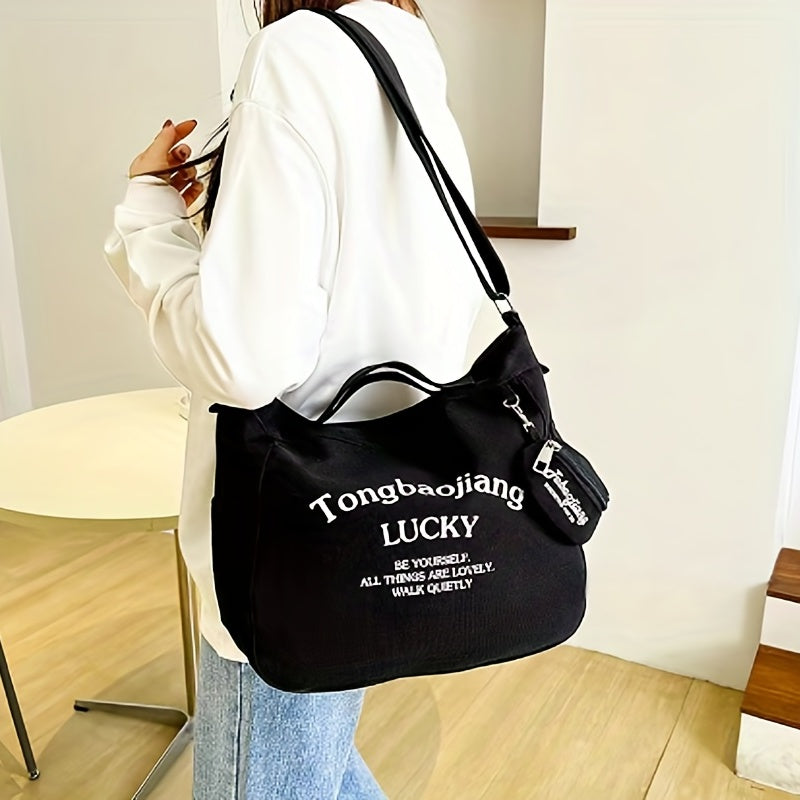 レター柄 ホーボーバッグ コインポーチ付き カジュアル キャンバス クロスボディ レディース 大容量 ショルダーバッグ