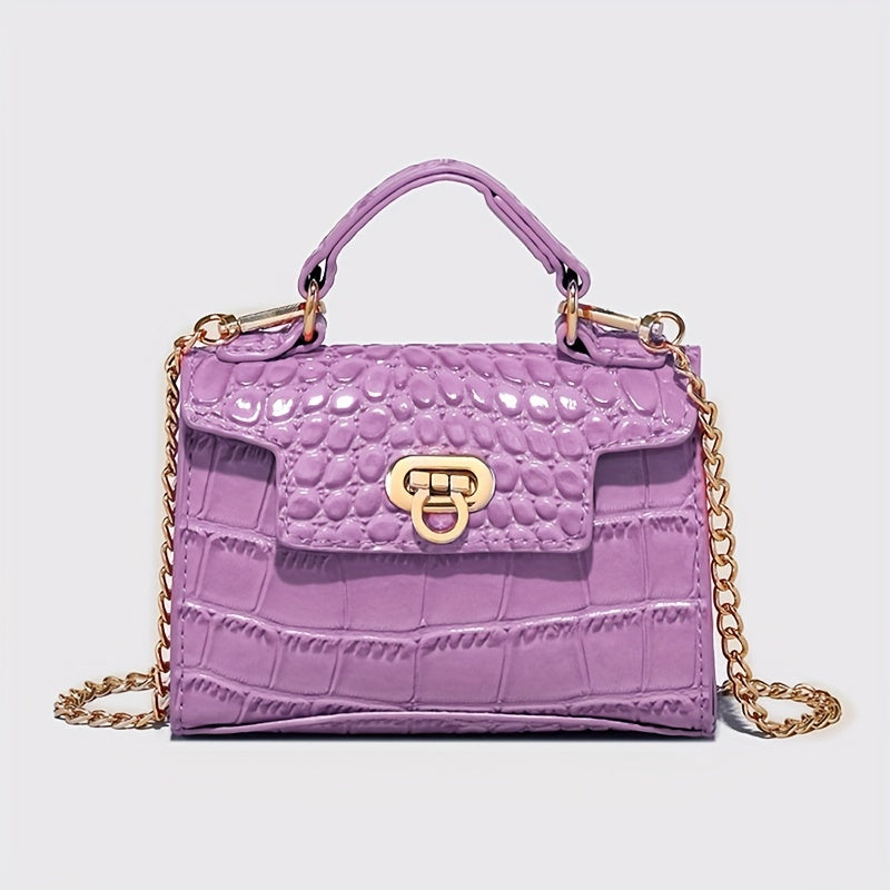 クロコ型押し ショルダーバッグ 無地 チェーンストラップ クロスボディ バックル装飾 トップハンドル レディースバッグ