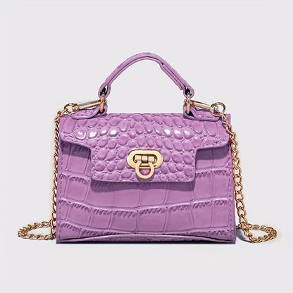 クロコ型押し ショルダーバッグ 無地 チェーンストラップ クロスボディ バックル装飾 トップハンドル レディースバッグ