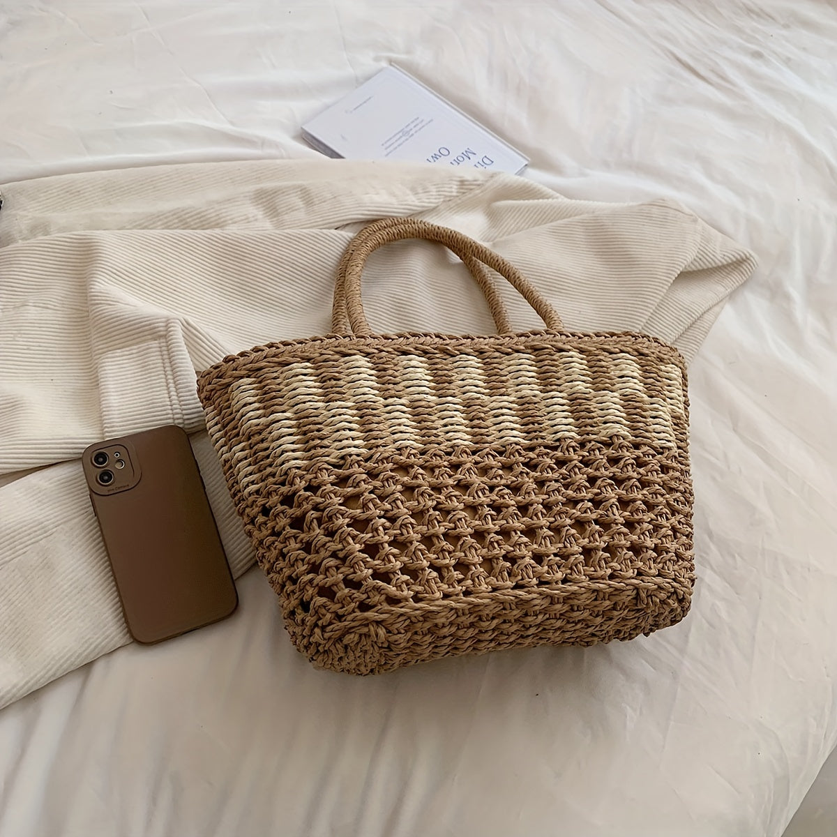 カラーブロック かご風トートサッチェル 軽量 シンプル ハンドバッグ 旅行・ビーチに使える 多用途バッグ