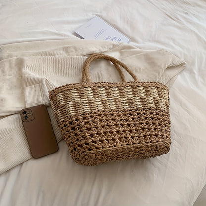 カラーブロック かご風トートサッチェル 軽量 シンプル ハンドバッグ 旅行・ビーチに使える 多用途バッグ