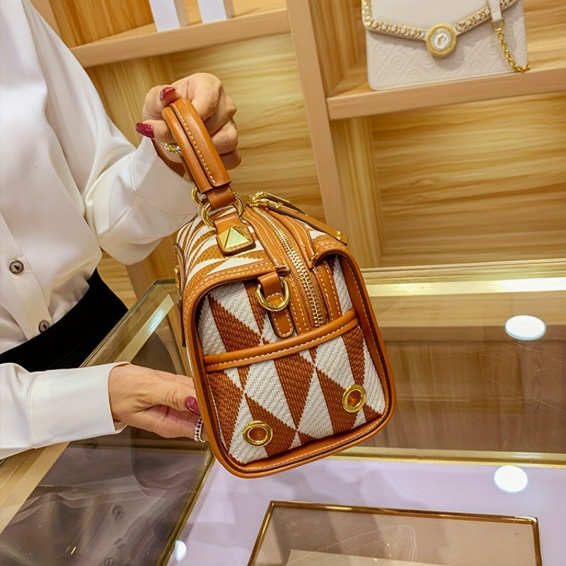 カーキ アーガイル幾何柄 カラーブロック ショルダーバッグ ファスナー付き ポータブルハンドル クロスボディ 大容量 エレガント ハンドバッグ レディース