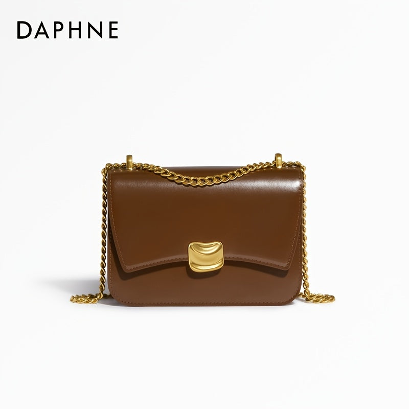 DAPHNE バックル装飾 スクエアバッグ オイル加工風 フェイクレザー クロスボディ チェーンストラップ付き ショルダーバッグ