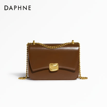 DAPHNE バックル装飾 スクエアバッグ オイル加工風 フェイクレザー クロスボディ チェーンストラップ付き ショルダーバッグ