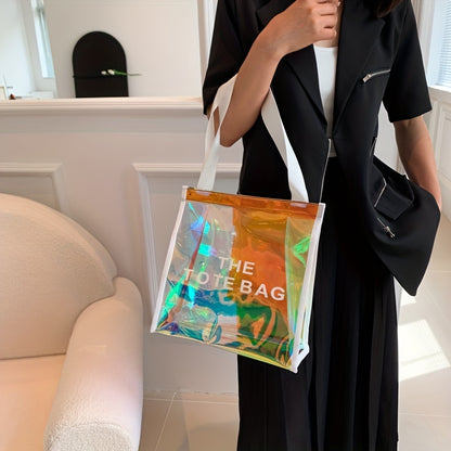 防水 クリアレーザートートバッグ トレンドPVCショルダーバッグ ホログラフィック 夏のビーチバッグ／旅行・アウトドア用