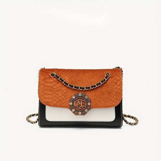 スネーク柄 クロスボディバッグ ヴィンテージ チェーンショルダーバッグ 小さめ スクエア メタル装飾