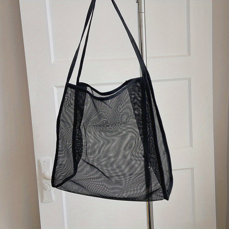 大容量 メッシュ ビーチバッグ 折りたたみ トラベル収納バッグ インナーポーチ付き ポータブルショルダー