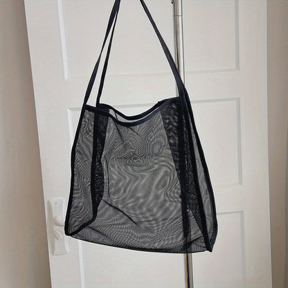 大容量 メッシュ ビーチバッグ 折りたたみ トラベル収納バッグ インナーポーチ付き ポータブルショルダー