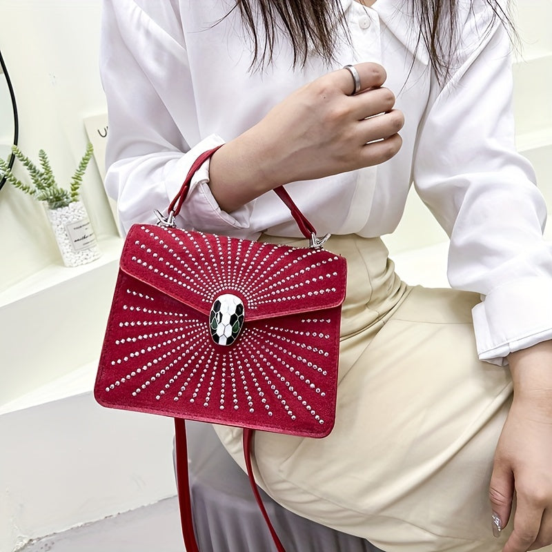 ラインストーン装飾 ハンドバッグ スネークヘッドバックル クロスボディバッグ レディース 小さめ フラップスクエア