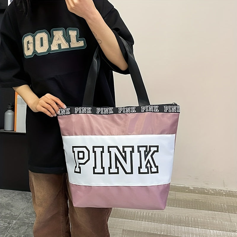 レディース ビーチトートバッグ ピンク カラーブロック ショルダーバッグ カジュアル トラベル ラゲッジバッグ