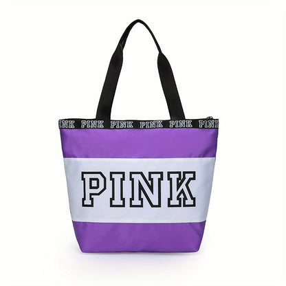 レディース ビーチトートバッグ ピンク カラーブロック ショルダーバッグ カジュアル トラベル ラゲッジバッグ