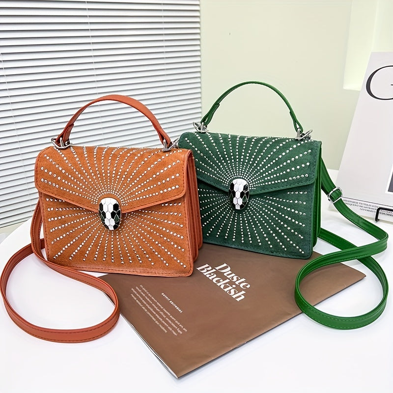 ラインストーン装飾 ハンドバッグ スネークヘッドバックル クロスボディバッグ レディース 小さめ フラップスクエア