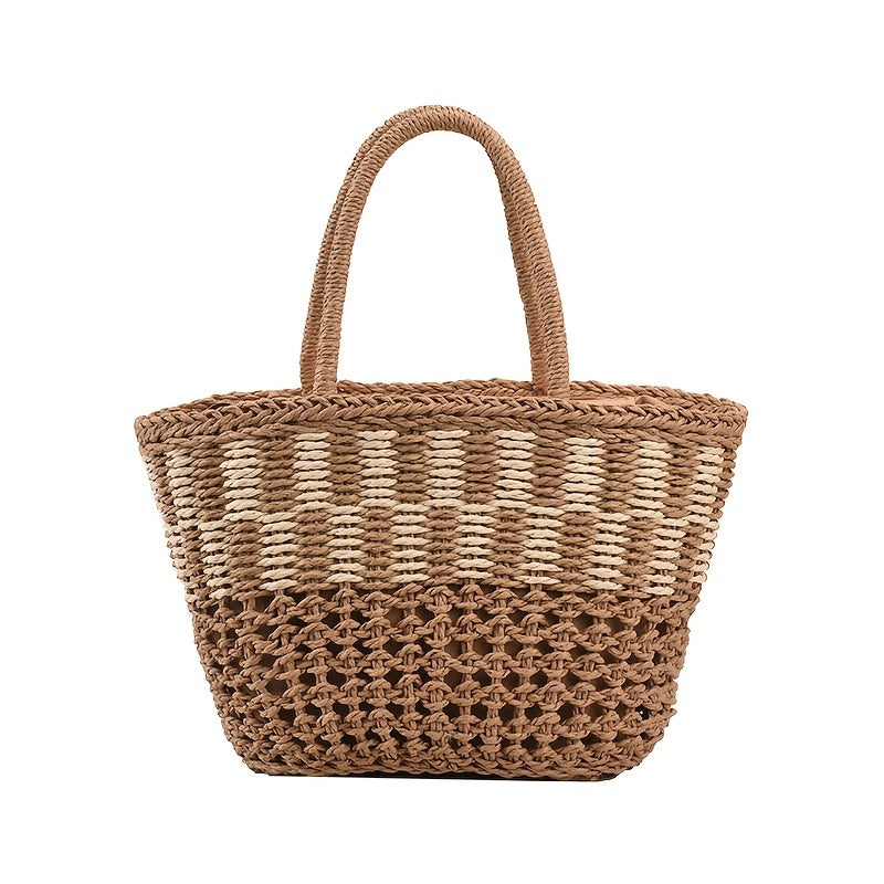 カラーブロック かご風トートサッチェル 軽量 シンプル ハンドバッグ 旅行・ビーチに使える 多用途バッグ