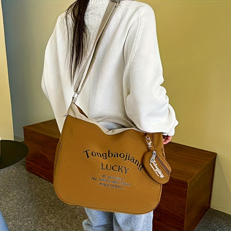 レター柄 ホーボーバッグ コインポーチ付き カジュアル キャンバス クロスボディ レディース 大容量 ショルダーバッグ