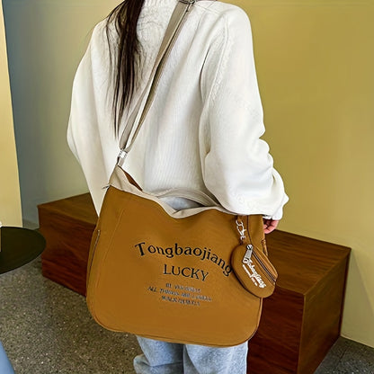 レター柄 ホーボーバッグ コインポーチ付き カジュアル キャンバス クロスボディ レディース 大容量 ショルダーバッグ