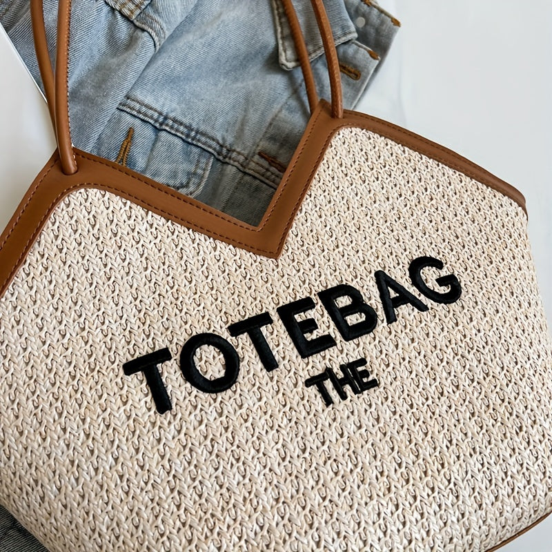 トレンド 編み込み トートバッグ レター柄 ストローショルダーバッグ ショッピング・ビーチに使える レディースバッグ