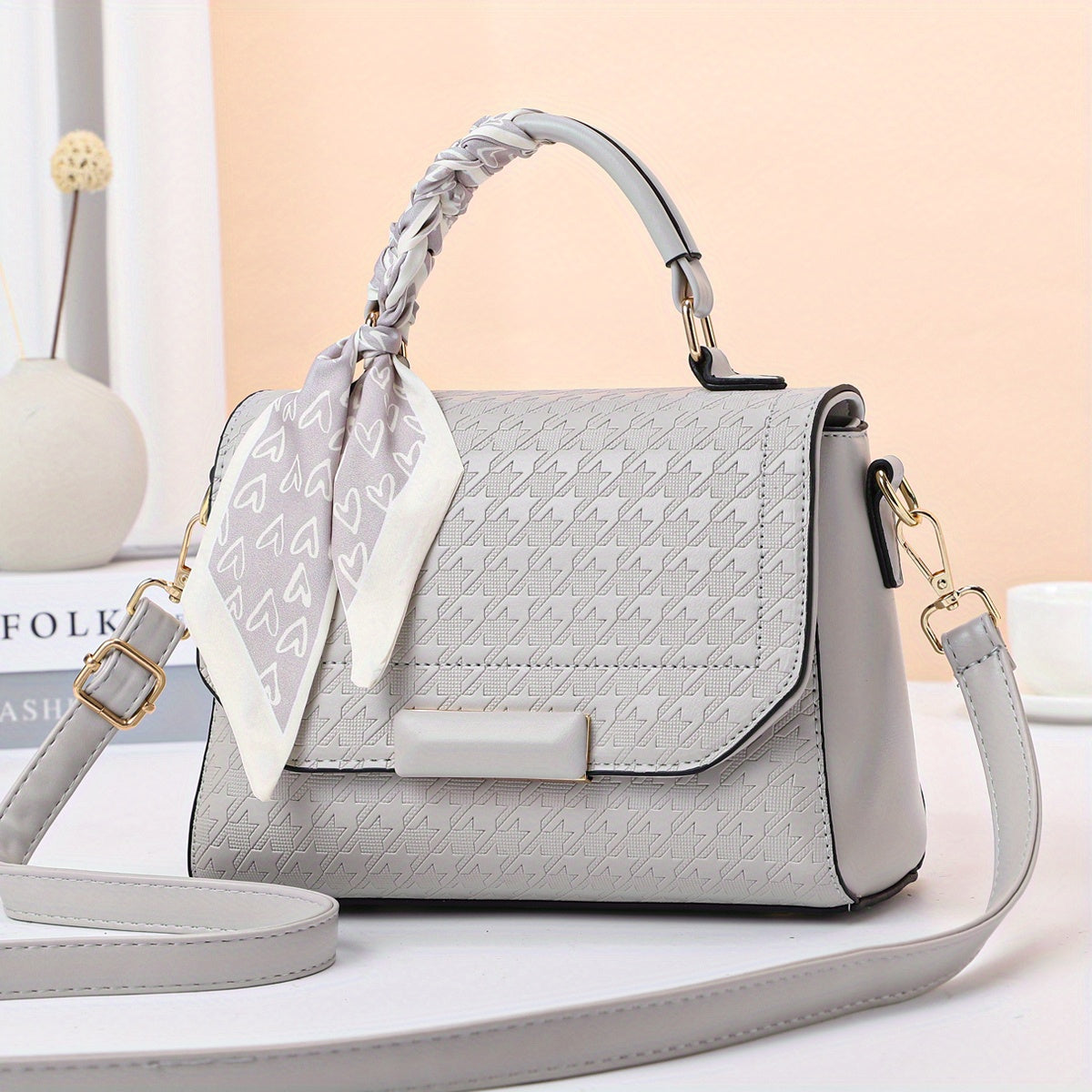 千鳥格子 メッセンジャーバッグ スカーフデザイン PUレザー クロスボディ 万能 通勤用 レディースハンドバッグ