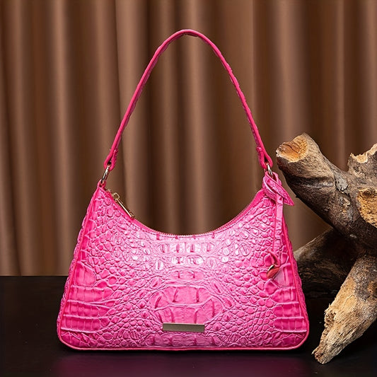 クロコ型押し 脇掛けバッグ ヴィンテージ メタル装飾 ショルダーバッグ レディース 無地 ファスナーミニバッグ