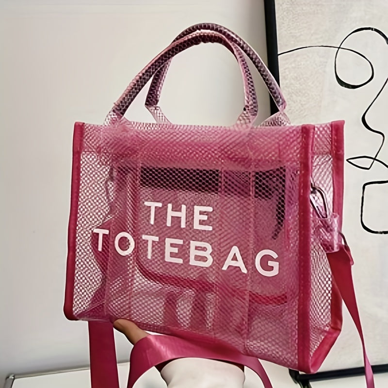 クリアトートバッグ レディース メッシュデザイン サマービーチバッグ トレンドPVC クロスボディ 旅行用