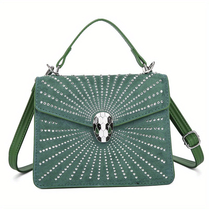 ラインストーン装飾 ハンドバッグ スネークヘッドバックル クロスボディバッグ レディース 小さめ フラップスクエア