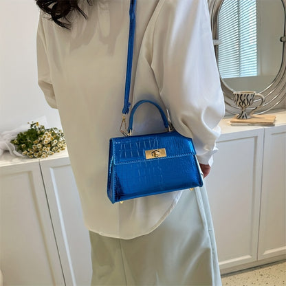 メタリック クロコ型押し ハンドバッグ ターンロック クロスボディバッグ レディース PUレザー フラップデザイン