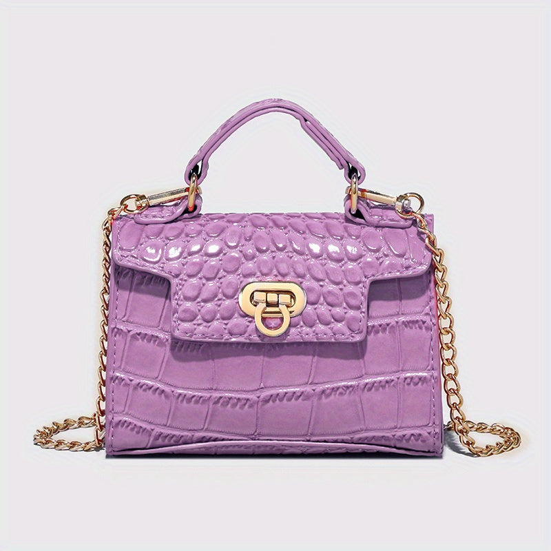 クロコ型押し ショルダーバッグ 無地 チェーンストラップ クロスボディ バックル装飾 トップハンドル レディースバッグ