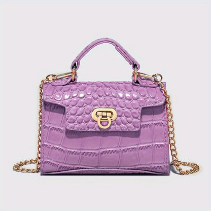 クロコ型押し ショルダーバッグ 無地 チェーンストラップ クロスボディ バックル装飾 トップハンドル レディースバッグ