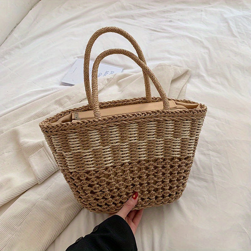 カラーブロック かご風トートサッチェル 軽量 シンプル ハンドバッグ 旅行・ビーチに使える 多用途バッグ