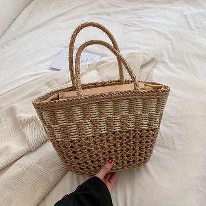 カラーブロック かご風トートサッチェル 軽量 シンプル ハンドバッグ 旅行・ビーチに使える 多用途バッグ
