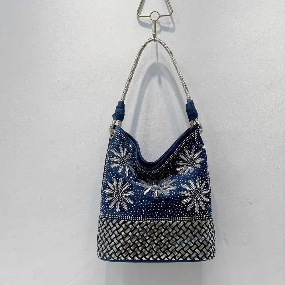 フラワー柄 ラインストーン装飾 ショルダーバッグ スタイリッシュ デニム バッグセット レディース どんなコーデにも合うバッグ