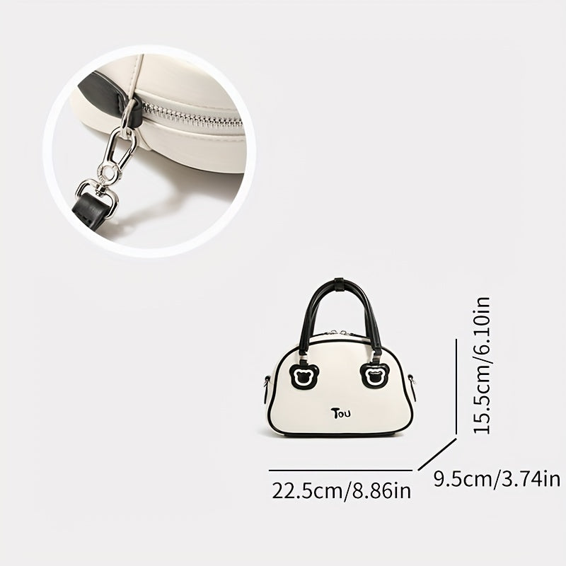 TOUTOU カートゥーン ボストンバッグ かわいいクマパッチ付き ハンドバッグ レディース 小さめ フェイクレザー サッチェル