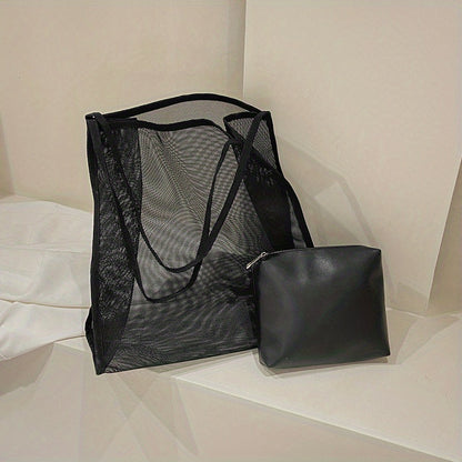 大容量 メッシュ ビーチバッグ 折りたたみ トラベル収納バッグ インナーポーチ付き ポータブルショルダー