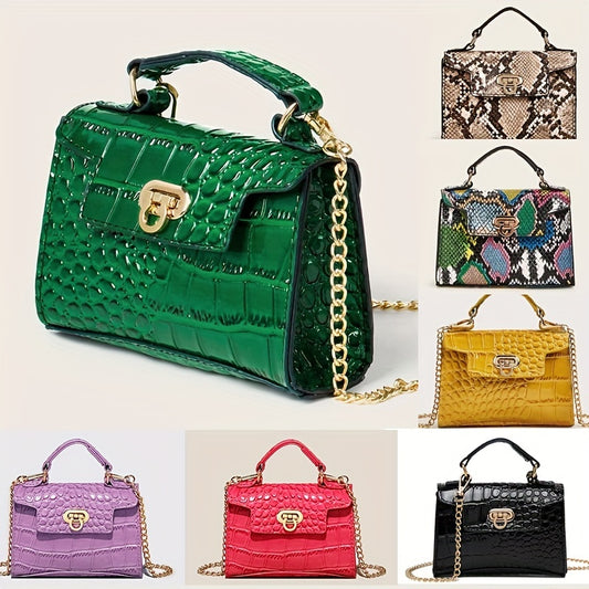 クロコ型押し ショルダーバッグ 無地 チェーンストラップ クロスボディ バックル装飾 トップハンドル レディースバッグ