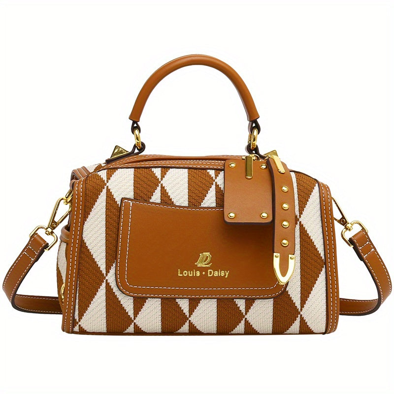 カーキ アーガイル幾何柄 カラーブロック ショルダーバッグ ファスナー付き ポータブルハンドル クロスボディ 大容量 エレガント ハンドバッグ レディース