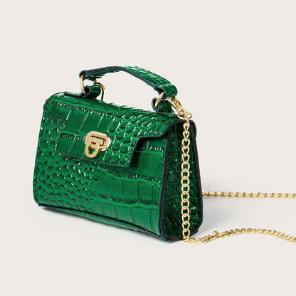 クロコ型押し ショルダーバッグ 無地 チェーンストラップ クロスボディ バックル装飾 トップハンドル レディースバッグ