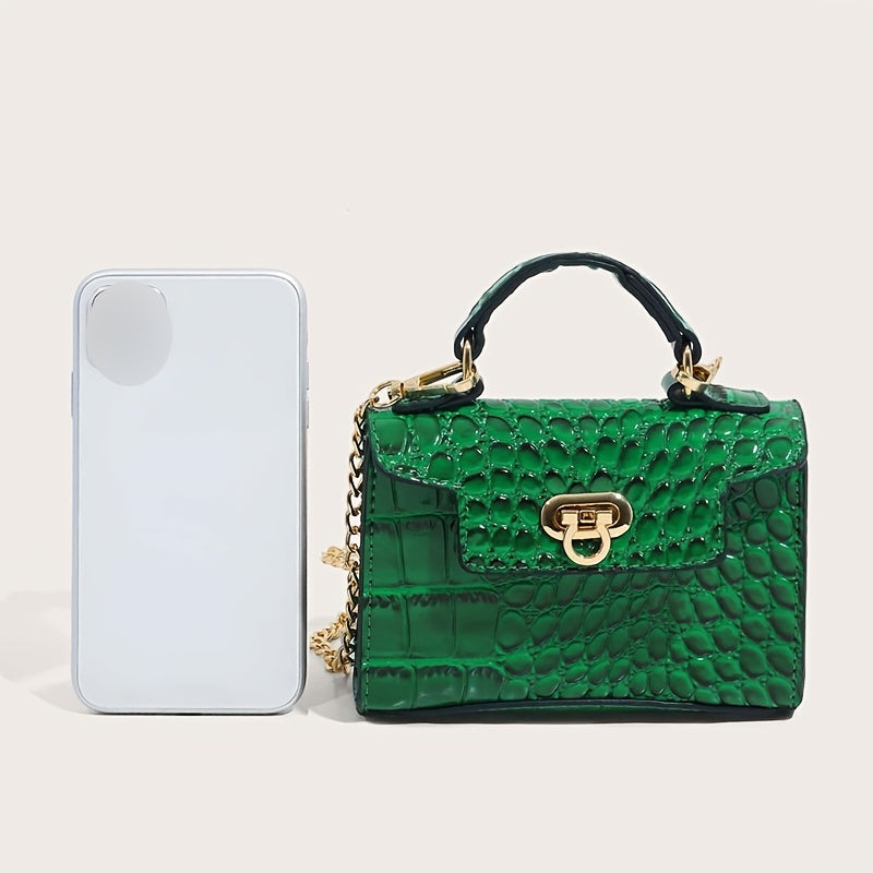 クロコ型押し ショルダーバッグ 無地 チェーンストラップ クロスボディ バックル装飾 トップハンドル レディースバッグ