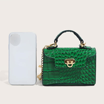 クロコ型押し ショルダーバッグ 無地 チェーンストラップ クロスボディ バックル装飾 トップハンドル レディースバッグ