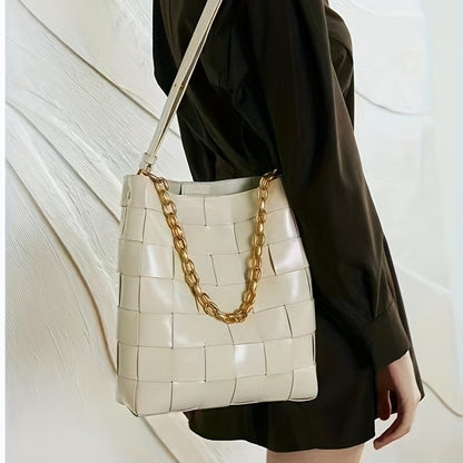 2点セット 編み込みバケットバッグ 大容量 ショルダーバッグ チェーン付き インナーポーチ ハンドバッグ