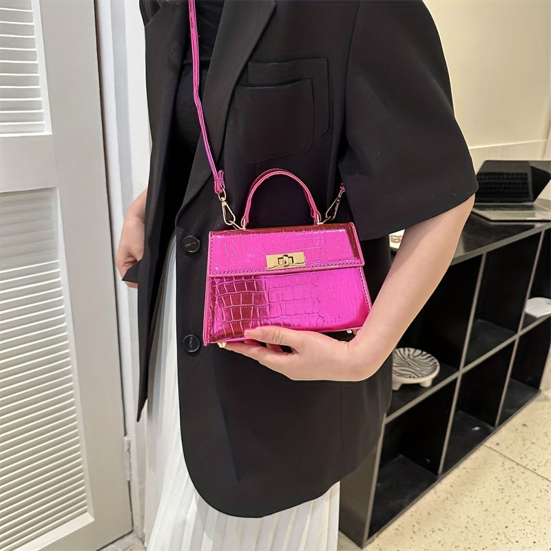 メタリック クロコ型押し ハンドバッグ ターンロック クロスボディバッグ レディース PUレザー フラップデザイン