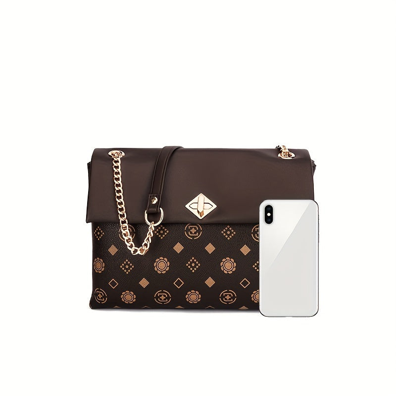 プリント チェーン クロスボディバッグ レディース ターンロック フラップバッグ カジュアル スクエアショルダー