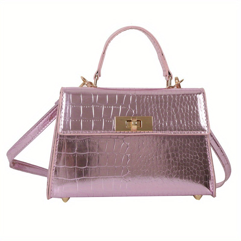 メタリック クロコ型押し ハンドバッグ ターンロック クロスボディバッグ レディース PUレザー フラップデザイン