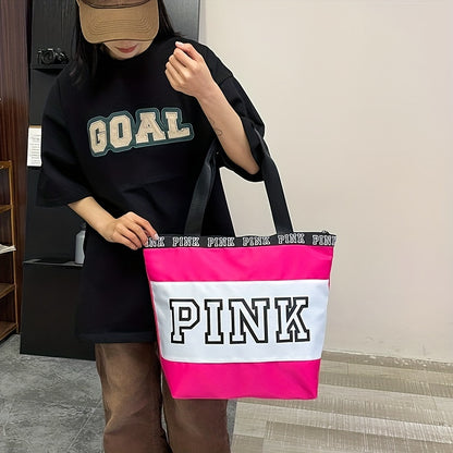 レディース ビーチトートバッグ ピンク カラーブロック ショルダーバッグ カジュアル トラベル ラゲッジバッグ