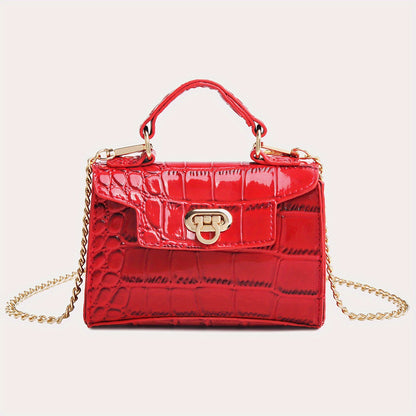 クロコ型押し ショルダーバッグ 無地 チェーンストラップ クロスボディ バックル装飾 トップハンドル レディースバッグ